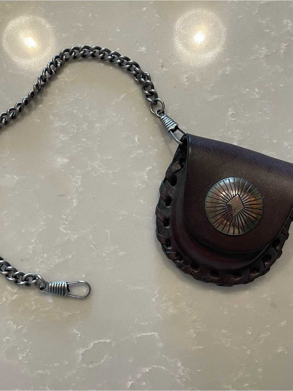 Men's Dark Brown Leather Chain Wallet Pocket Watch Pouch with 925 Silver Button